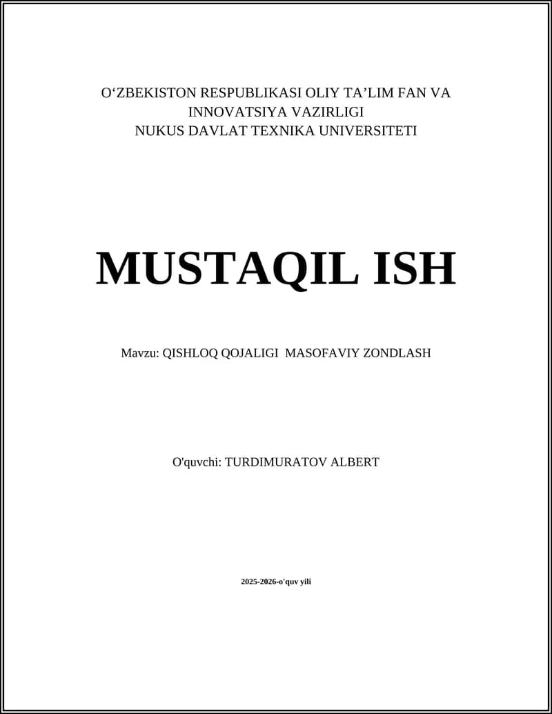QISHLOQ QOJALIGI MASOFAVIY ZONDLASH