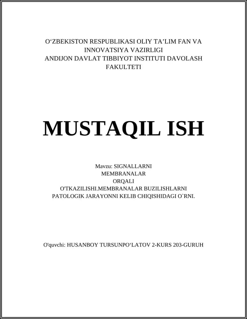 SIGNALLARNI MEMBRANALAR ORQALI O'TKAZILISHI