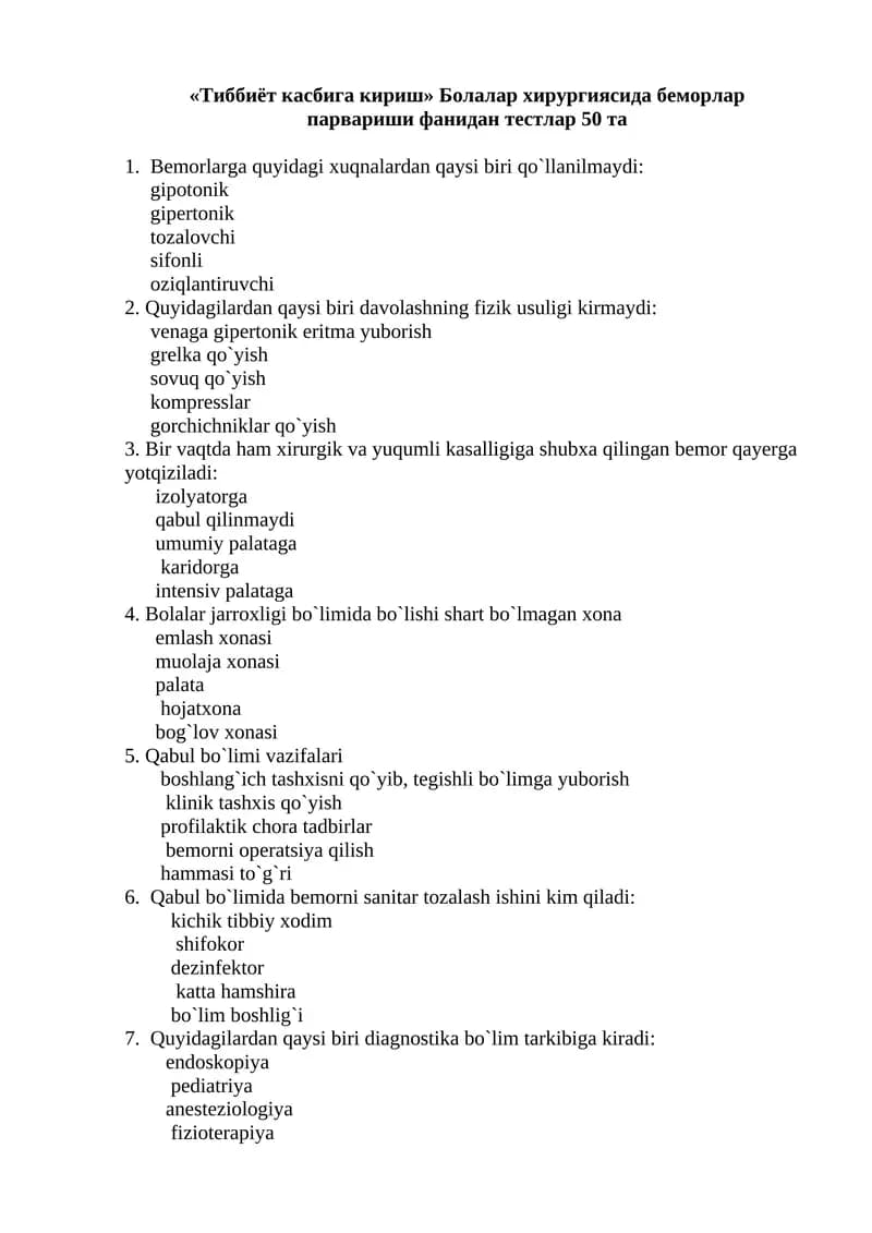 Bemorlarga quyidagi xuqnalardan qaysi biri qo`llanilmaydi