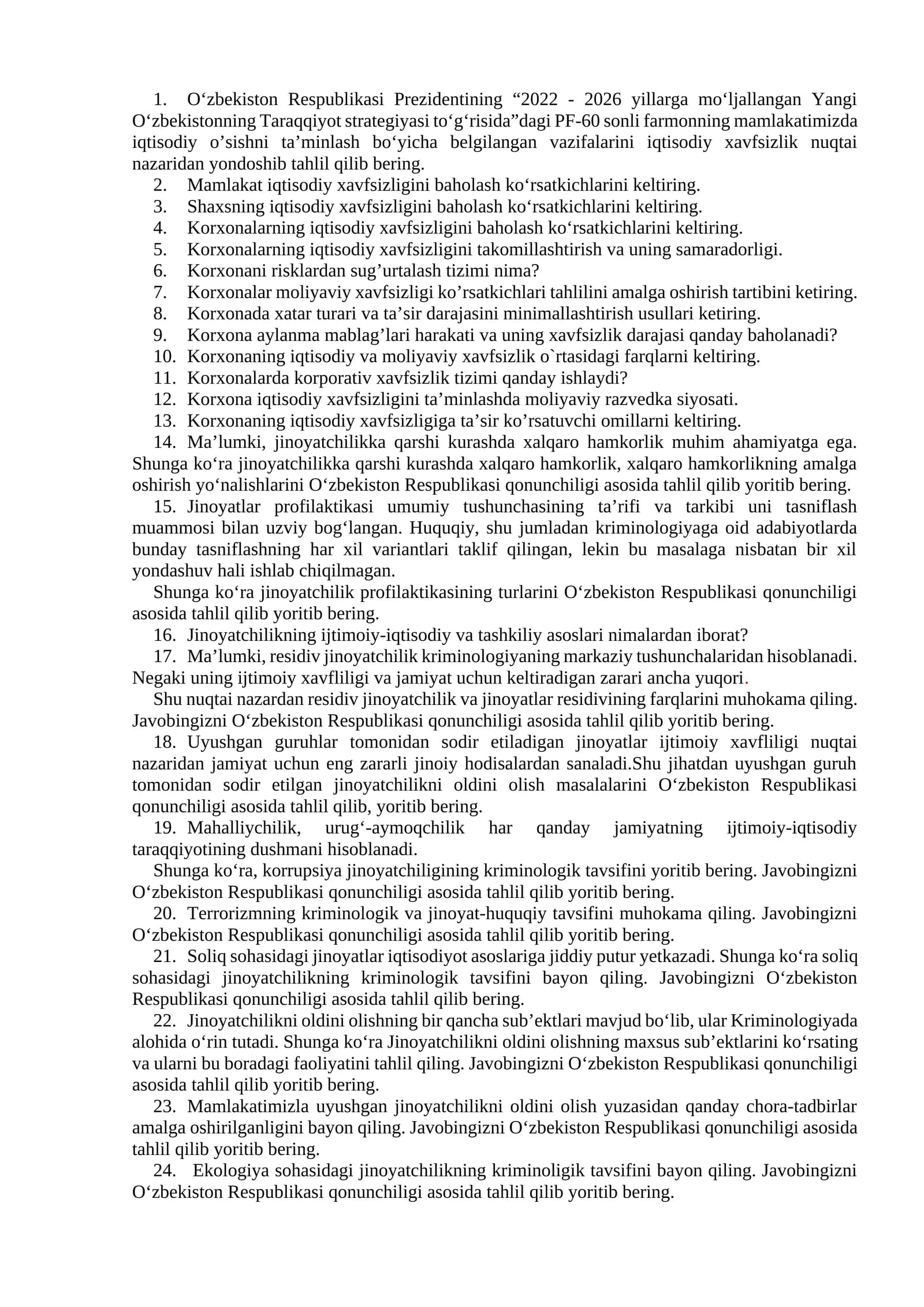 O‘zbekiston Respublikasi Prezidentining “2022 - 2026 yillarga mo‘ljallangan Yangi O‘zbekistonning Taraqqiyot strategiyasi to‘g‘risida”dagi PF-60 sonli farmonning mamlakatimizda iqtisodiy o’sishni ta’minlash bo‘yicha belgilangan vazifalarini iqtisodiy xavfsizlik nuqtai nazaridan yondoshib tahlil qilib bering