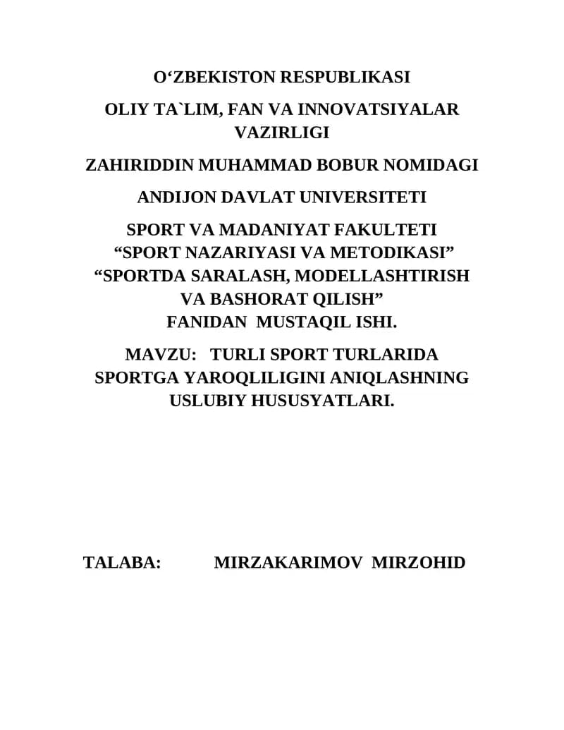 Sportda Saralash, Modellashtirish va Bashorat Qilish