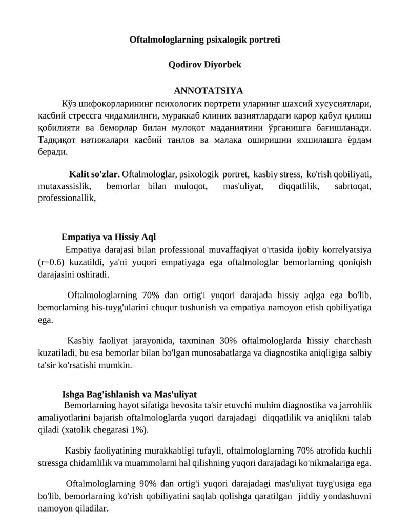 Oftalmologlarning psixalogik portreti