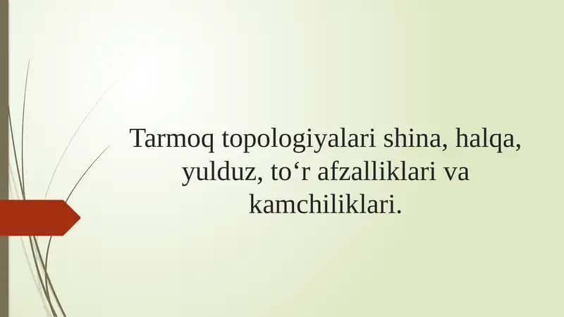 Tarmoq topologiyalari shina, halqa, yulduz, to‘r afzalliklari va kamchiliklari.