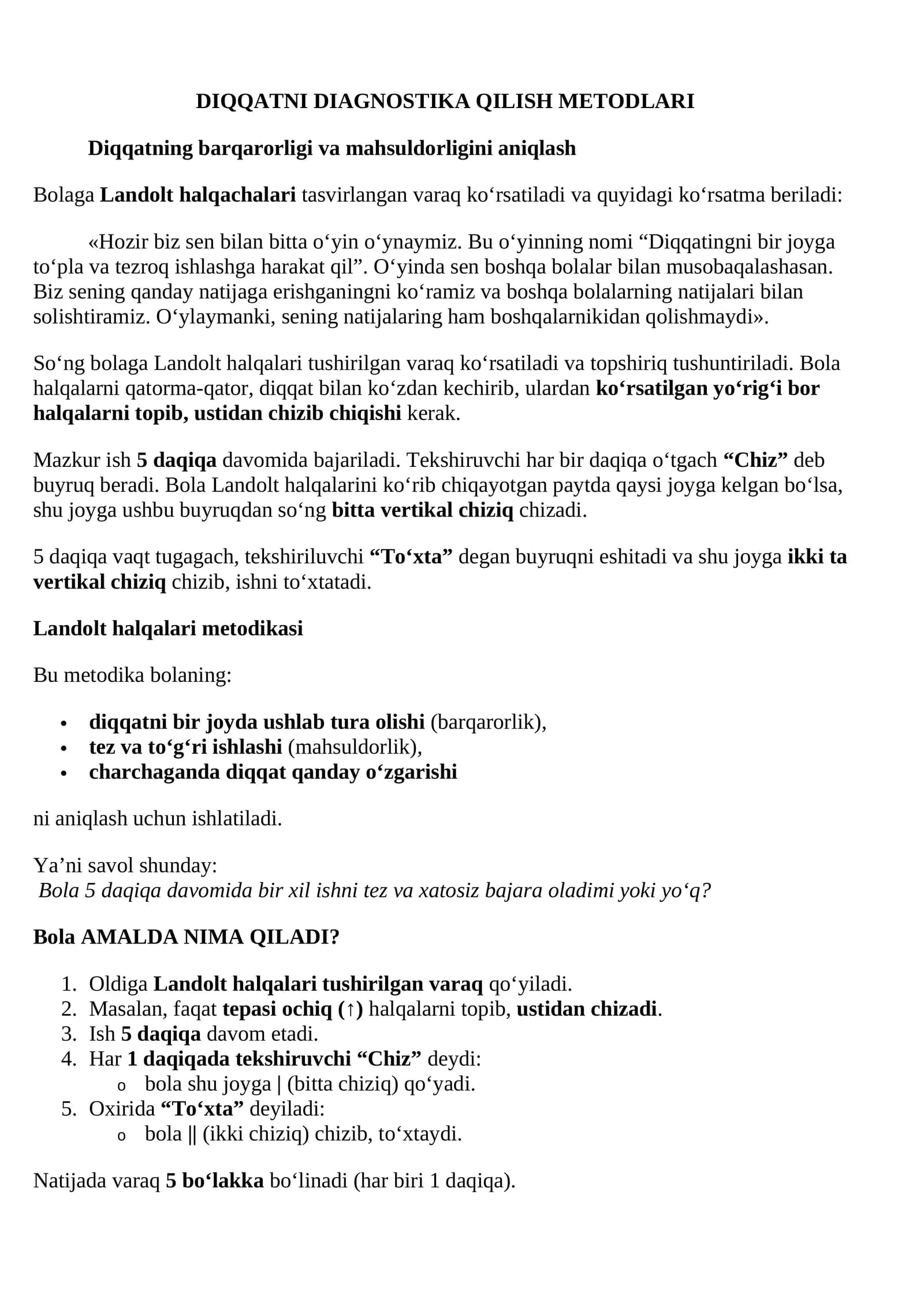 Diqqatni Diagnostika Qilish Metodlari