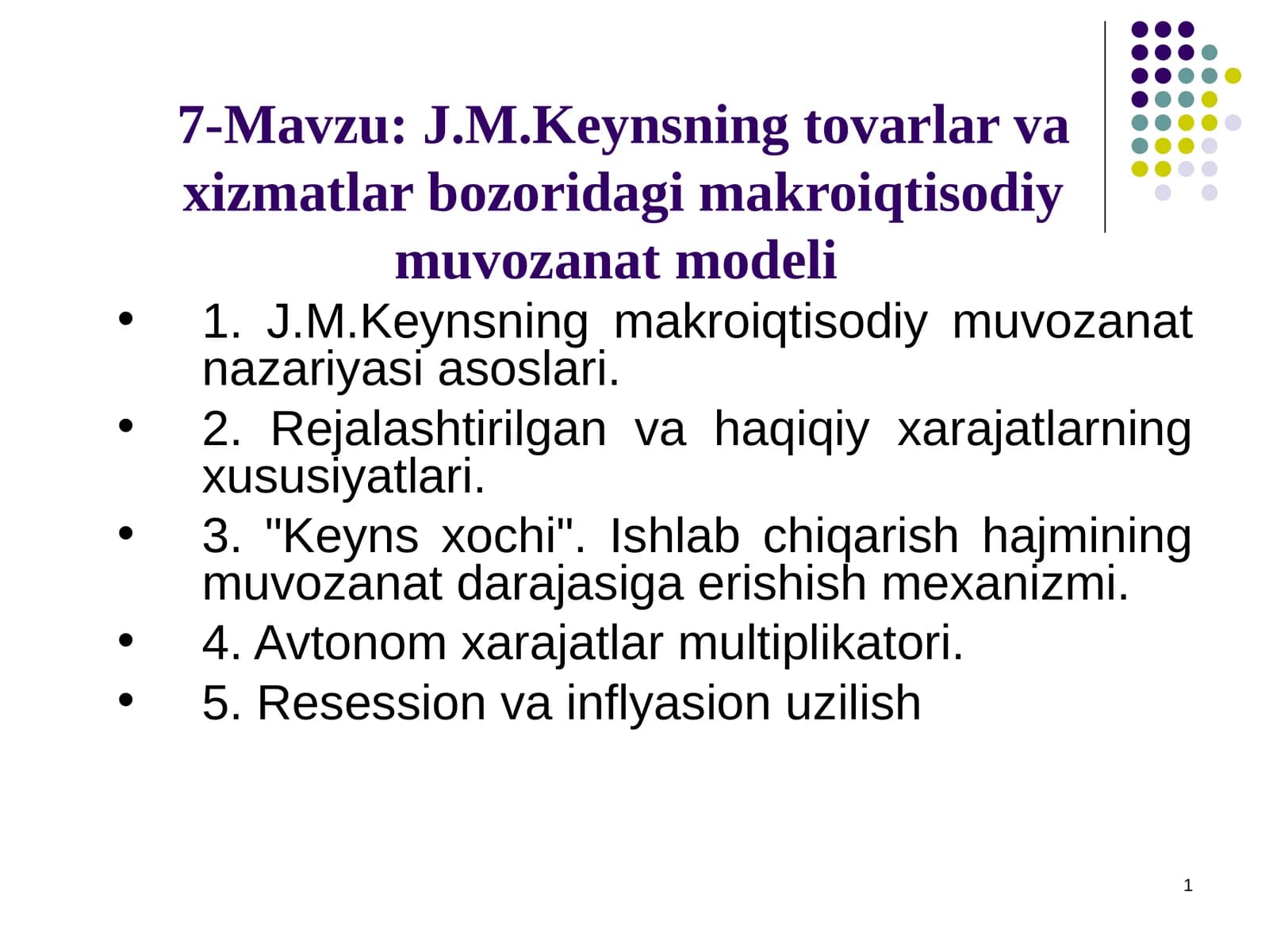 J.M.Keynsning tovarlar va xizmatlar bozoridagi makroiqtisodiymuvozanat modeli