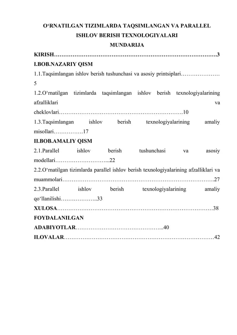 Taqsimlangan tizimlarda Taqsimlangan va Parallel ishlov berish texnologiyalari