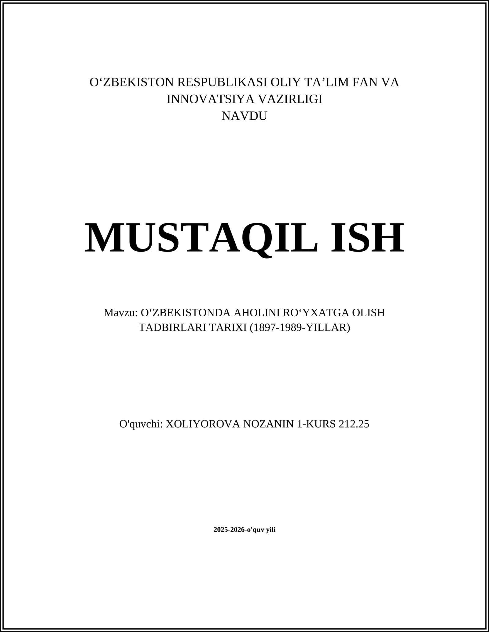OʻZBEKISTONDA AHOLINI ROʻYXATGA OLISH TADBIRLARI TARIXI (1897-1989-YILLAR)