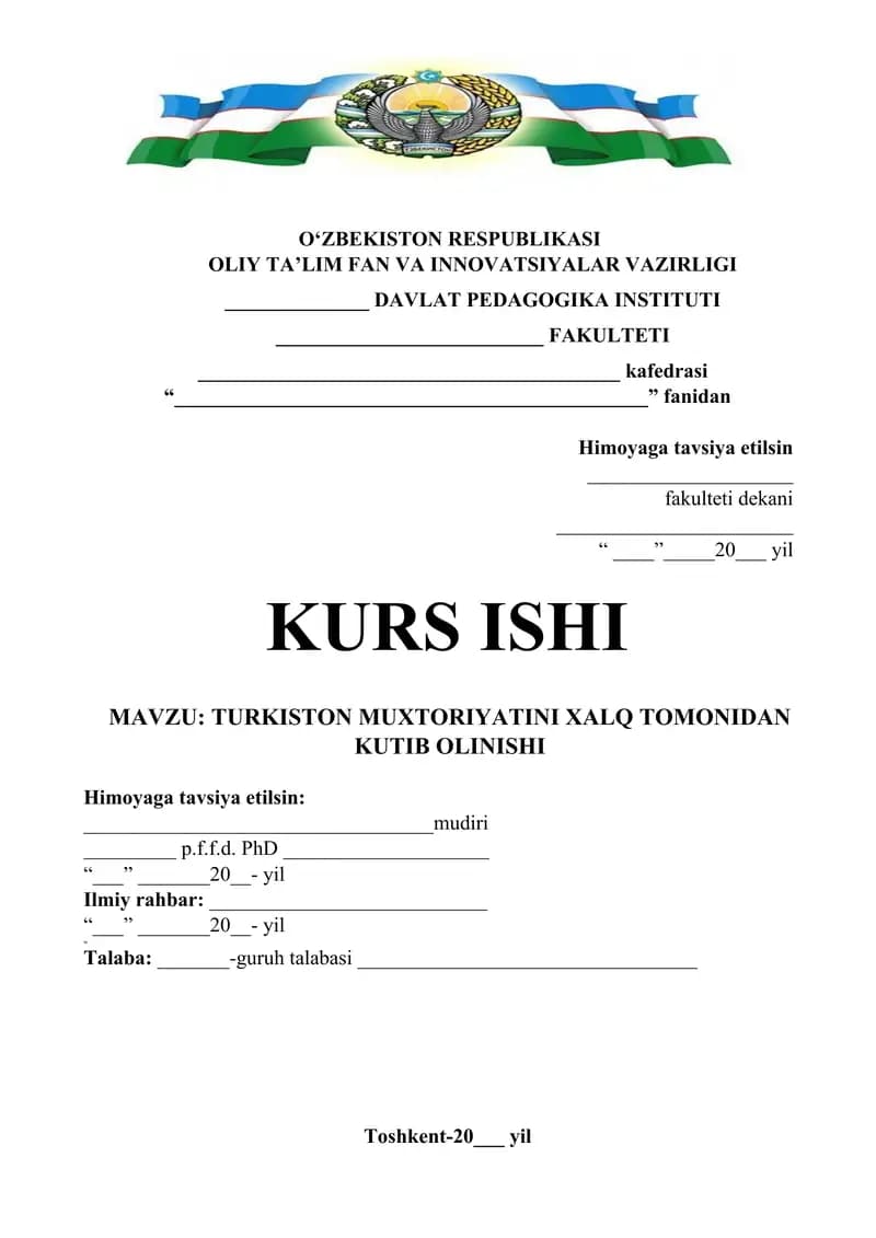 TURKISTON MUXTORIYATINI XALQ TOMONIDAN KUTIB OLINISHI