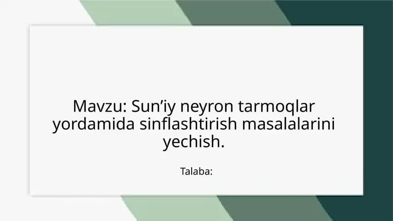 Sun’iy neyron tarmoqlari yordamida sinflashtirish masalalari