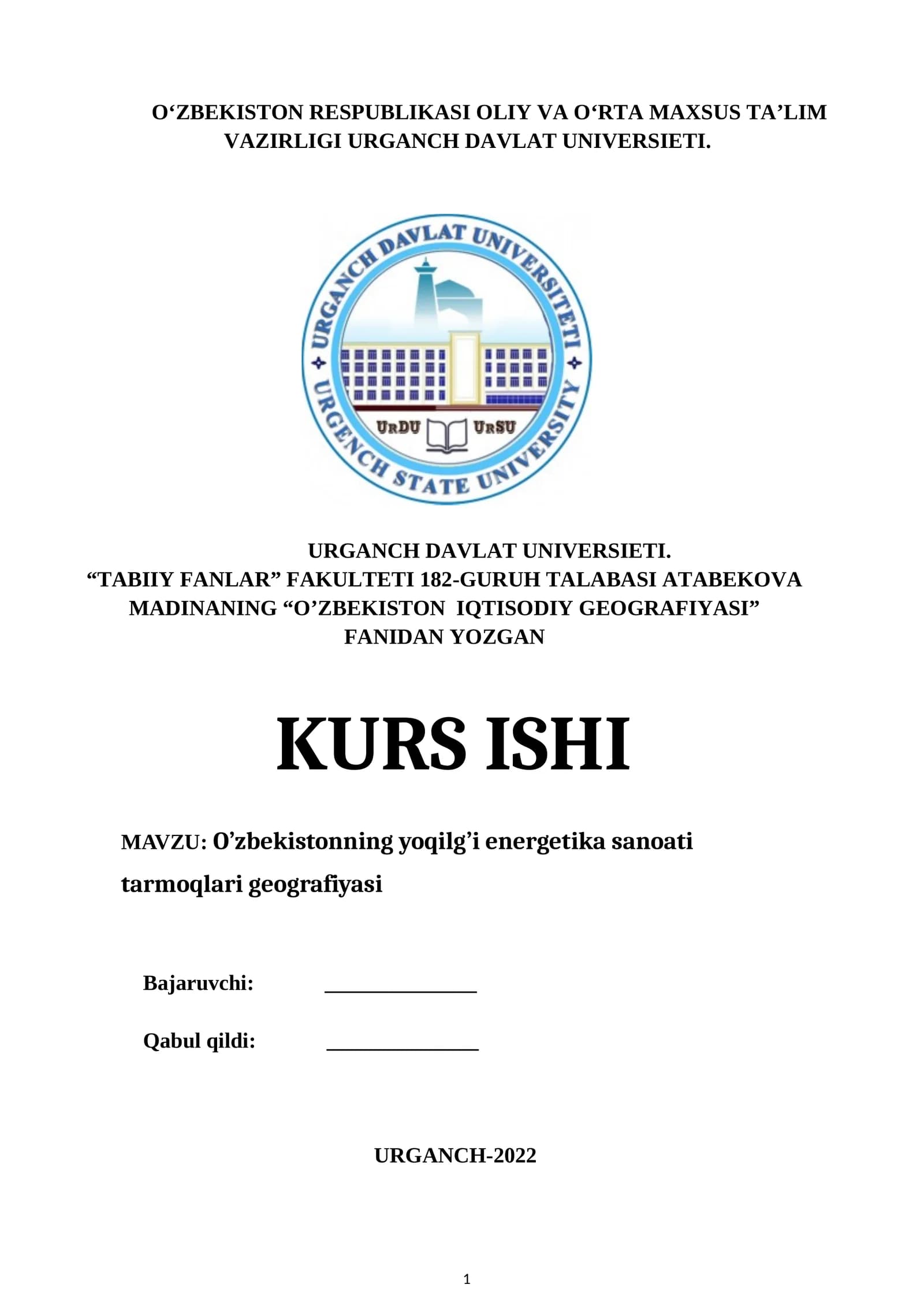O’zbekistonning yoqilg’i energetika sanoati tarmoqlari geografiyasi