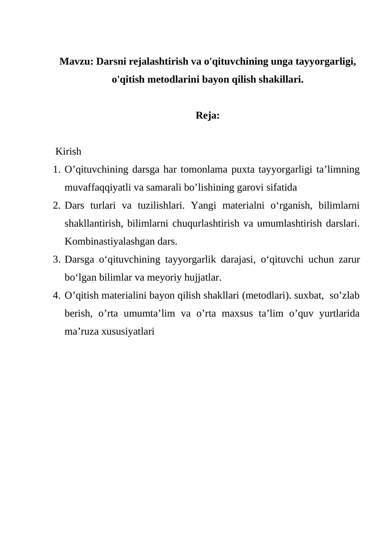 Darsni rejalashtirish va o'qituvchining unga tayyorgarligi