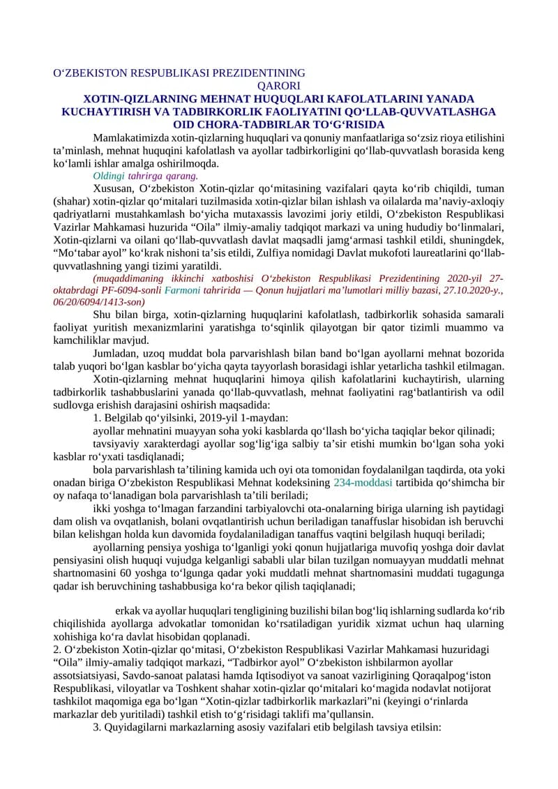 XOTIN-QIZLARNING MEHNAT HUQUQLARI KAFOLATLARINI YANADA KUCHAYTIRISH VA TADBIRKORLIK FAOLIYATINI QO‘LLAB-QUVVATLASHGA OID CHORA-TADBIRLAR TO‘G‘RISIDA