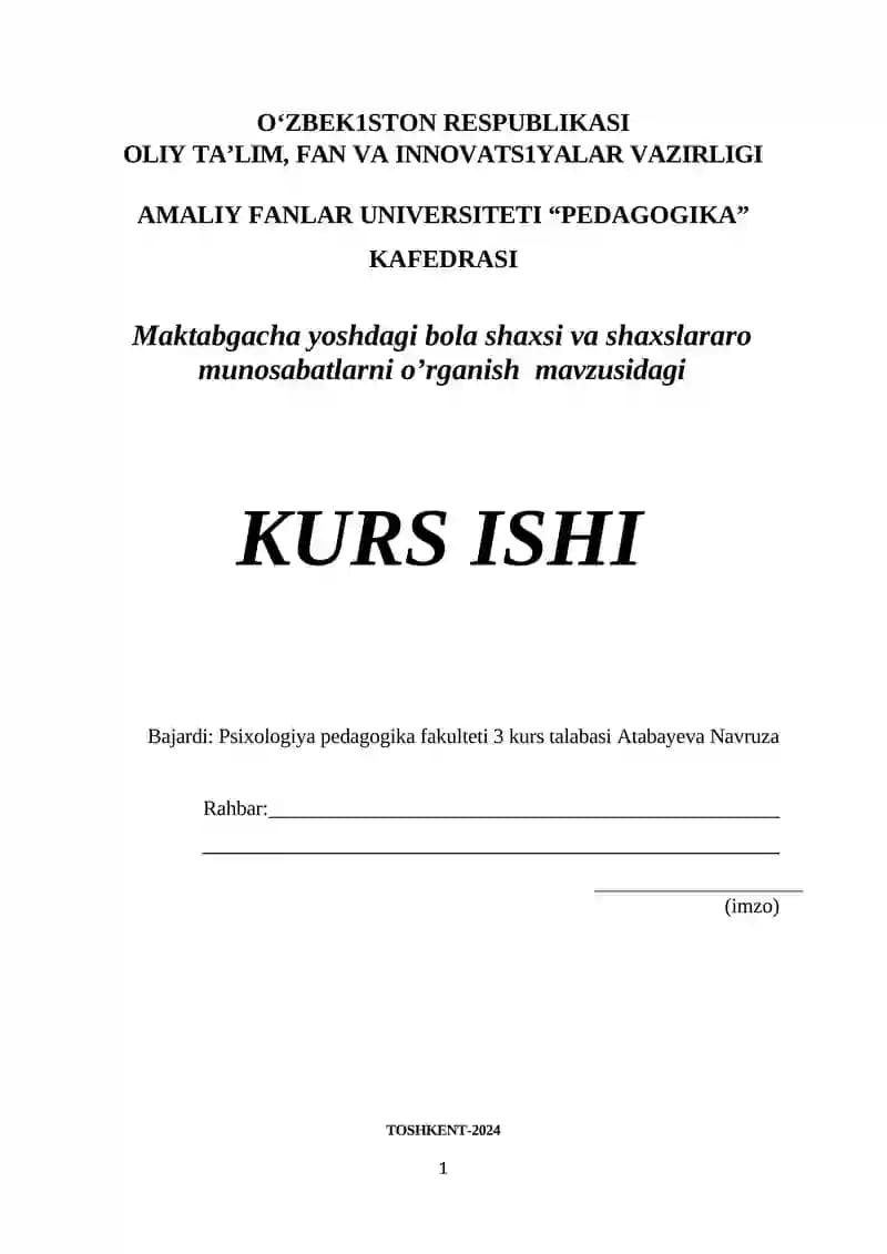 Maktabgacha Yoshdagi Bola Shaxsi va Shaxslararo Munosabatlarni O'rganish Kursi