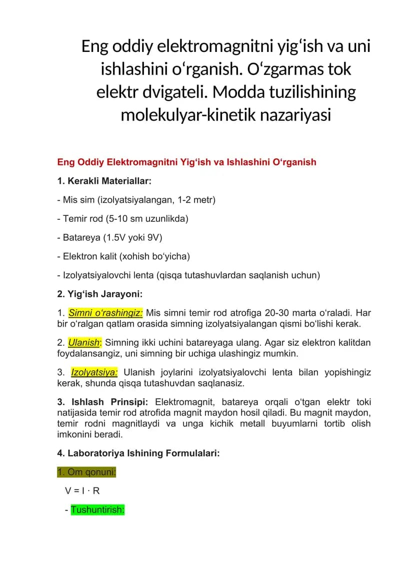 Elektromagnitni Yig‘ish va Ishlashini O‘rganish