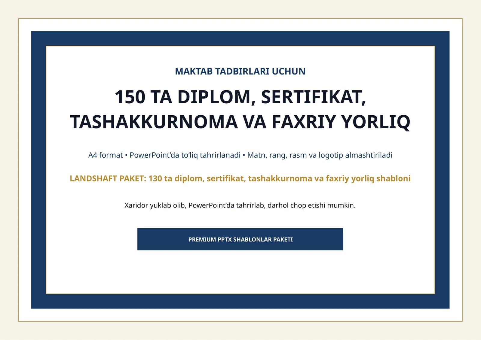 MAKTAB TADBIRLARI UCHUN 150 TA DIPLOM, SERTIFIKAT, TASHAKKURNOMA VA FAXRIY YORLIQ