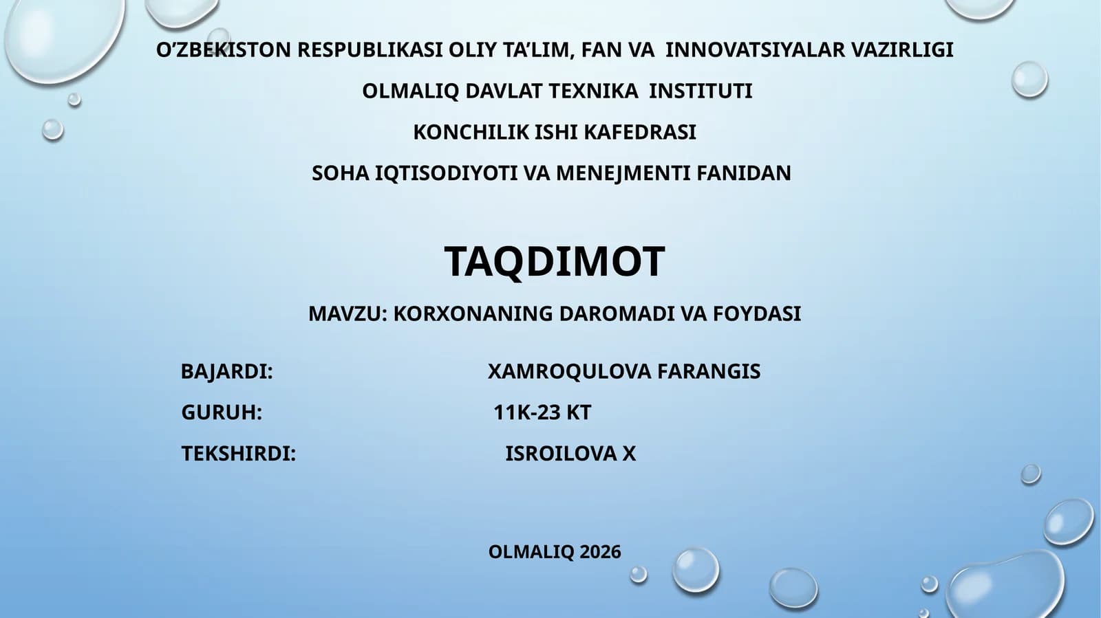 korxonaning daromadi va foydasi
