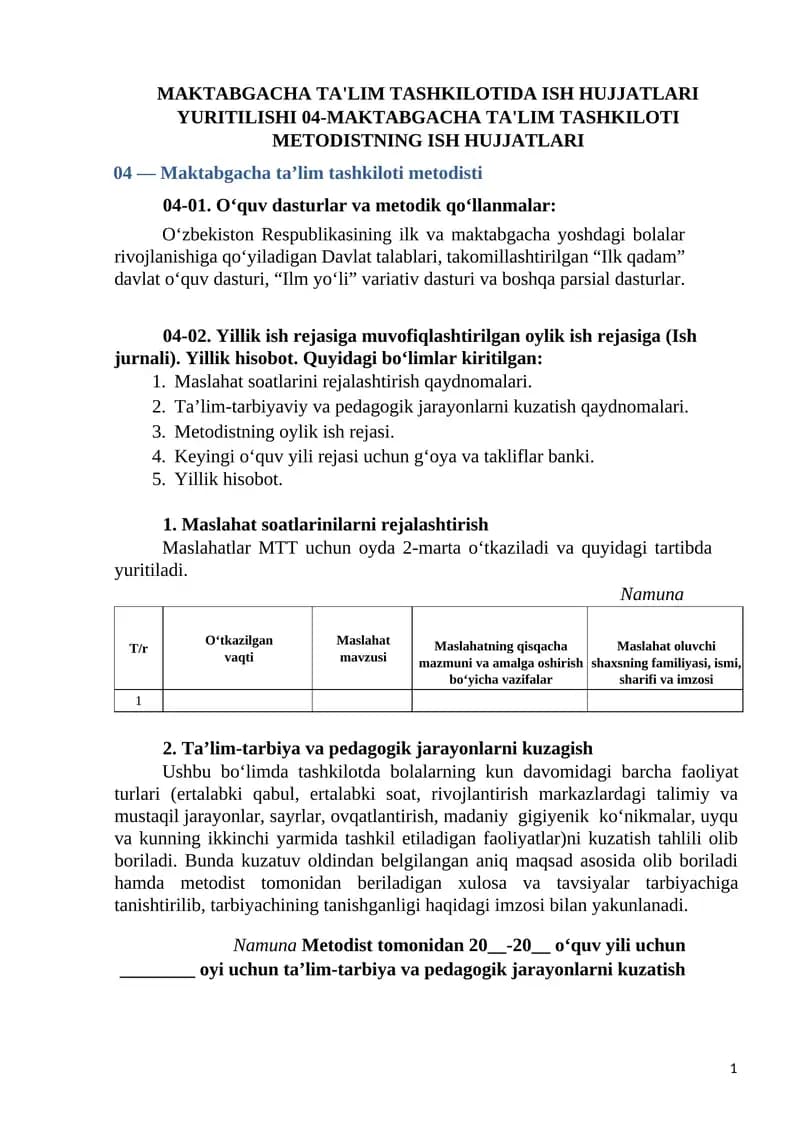 MAKTABGACHA TA'LIM TASHKILOTIDA ISH HUJJATLARI YURITILISHI 04-MAKTABGACHA TA'LIM TASHKILOTI METODISTNING ISH HUJJATLARI