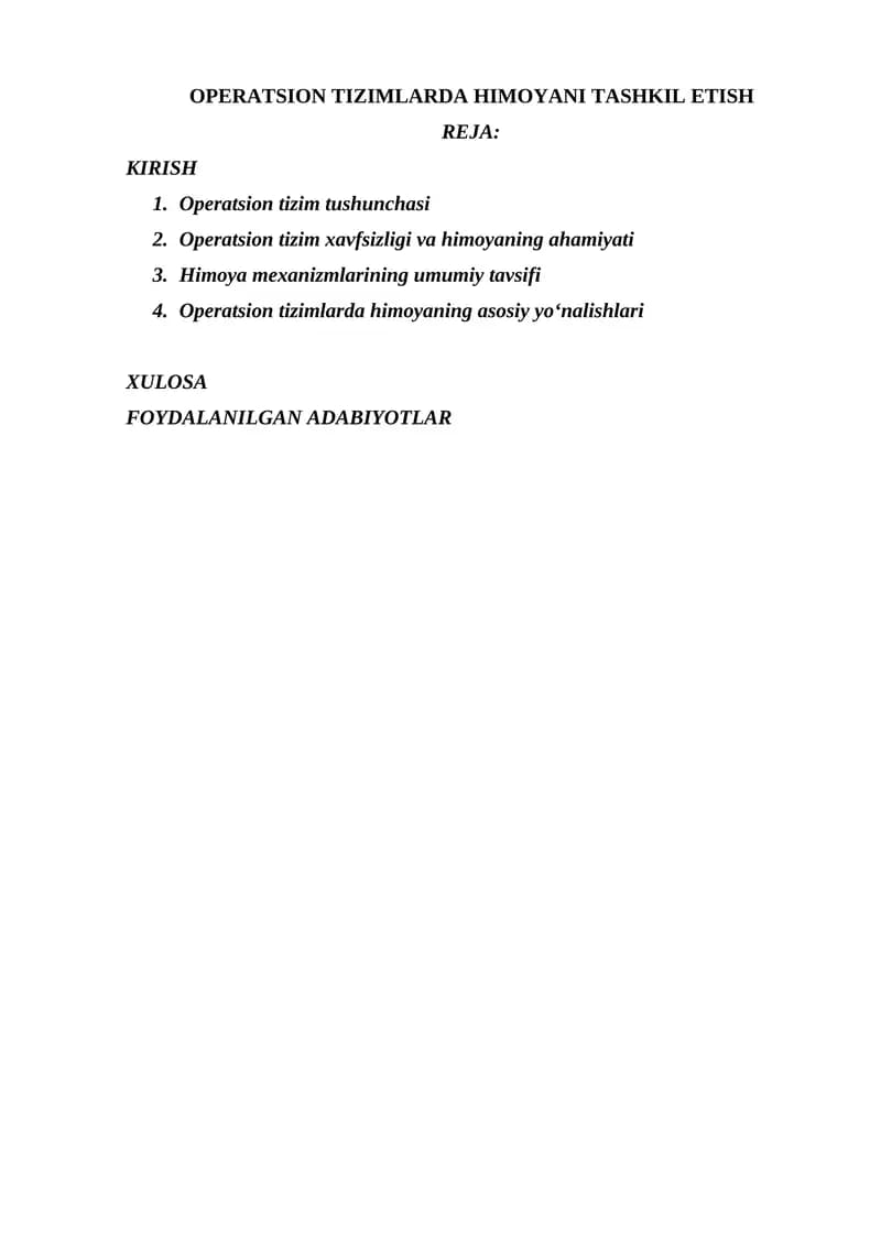 OPERATSION TIZIMLARDA HIMOYANI TASHKIL ETISH