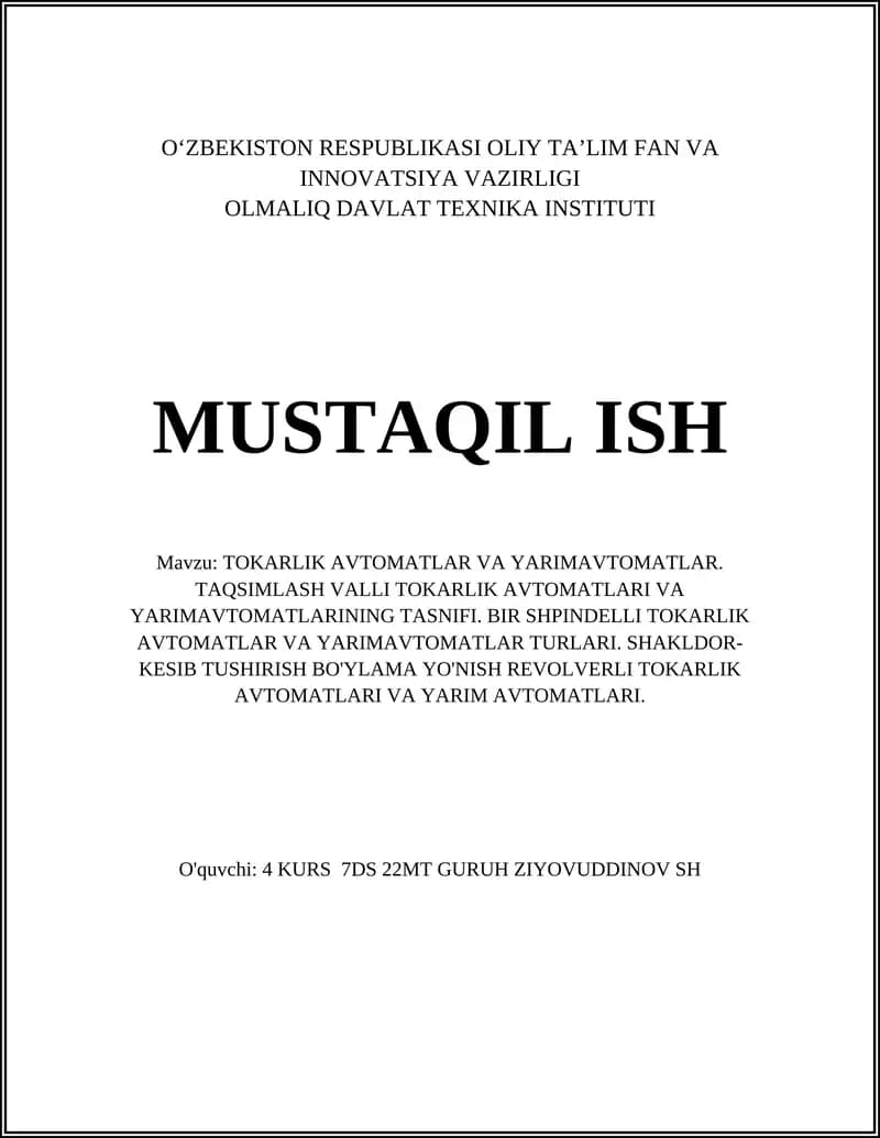 TAQSIMLASH VALLI TOKARLIK AVTOMATLAR VA YARIMAVTOMATLAR