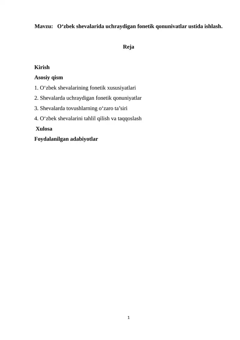 O‘zbek shevalarida uchraydigan fonetik qonunivatlar ustida ishlash