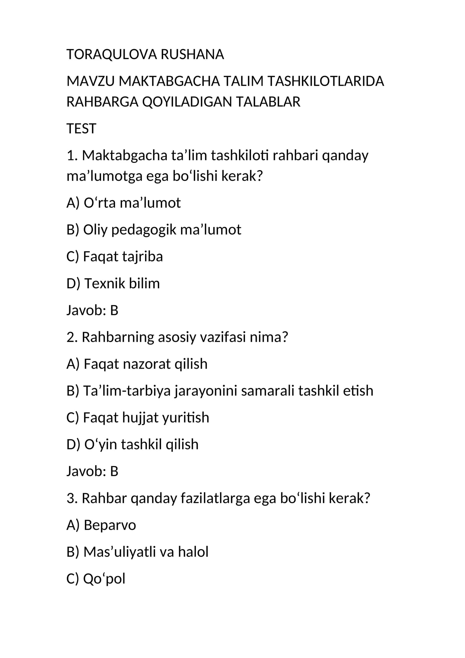 MAKTABGACHA TALIM TASHKILOTLARIDA RAHBARGA QOYILADIGAN TALABLAR