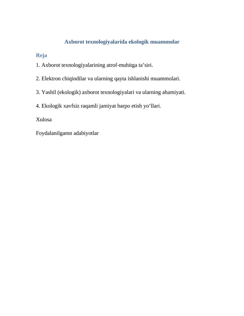 Axborot texnologiyalarida ekologik muammolar