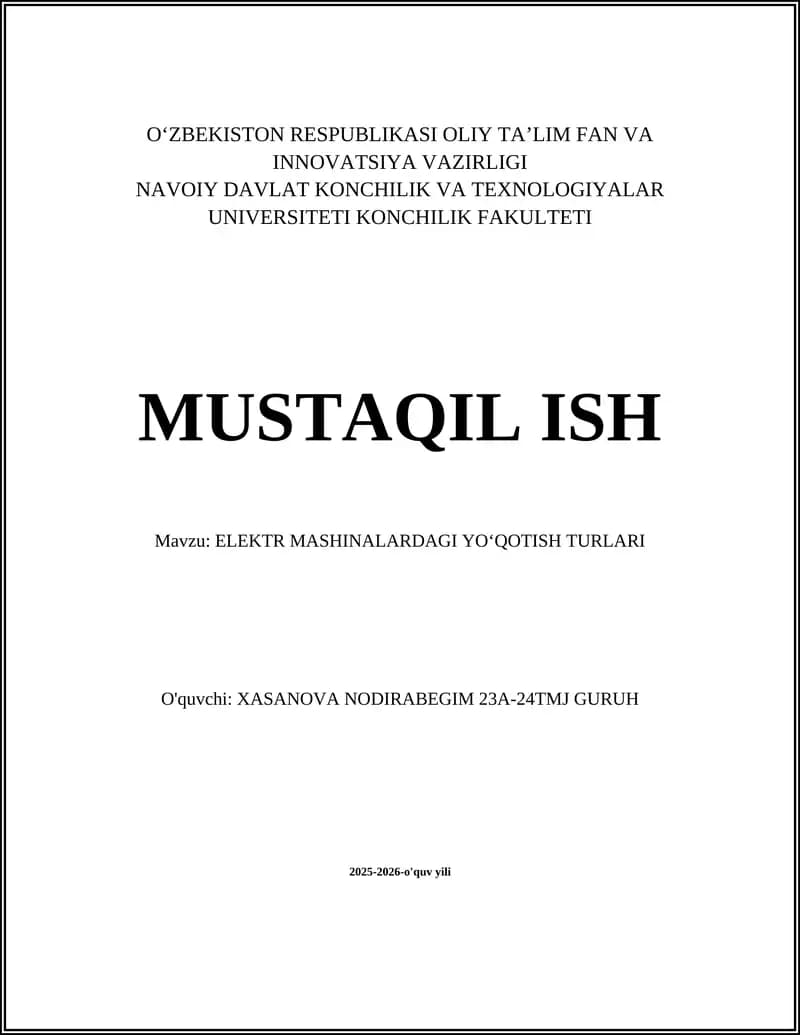 ELEKTR MASHINALARDAGI YO'QOTISH TURLARI