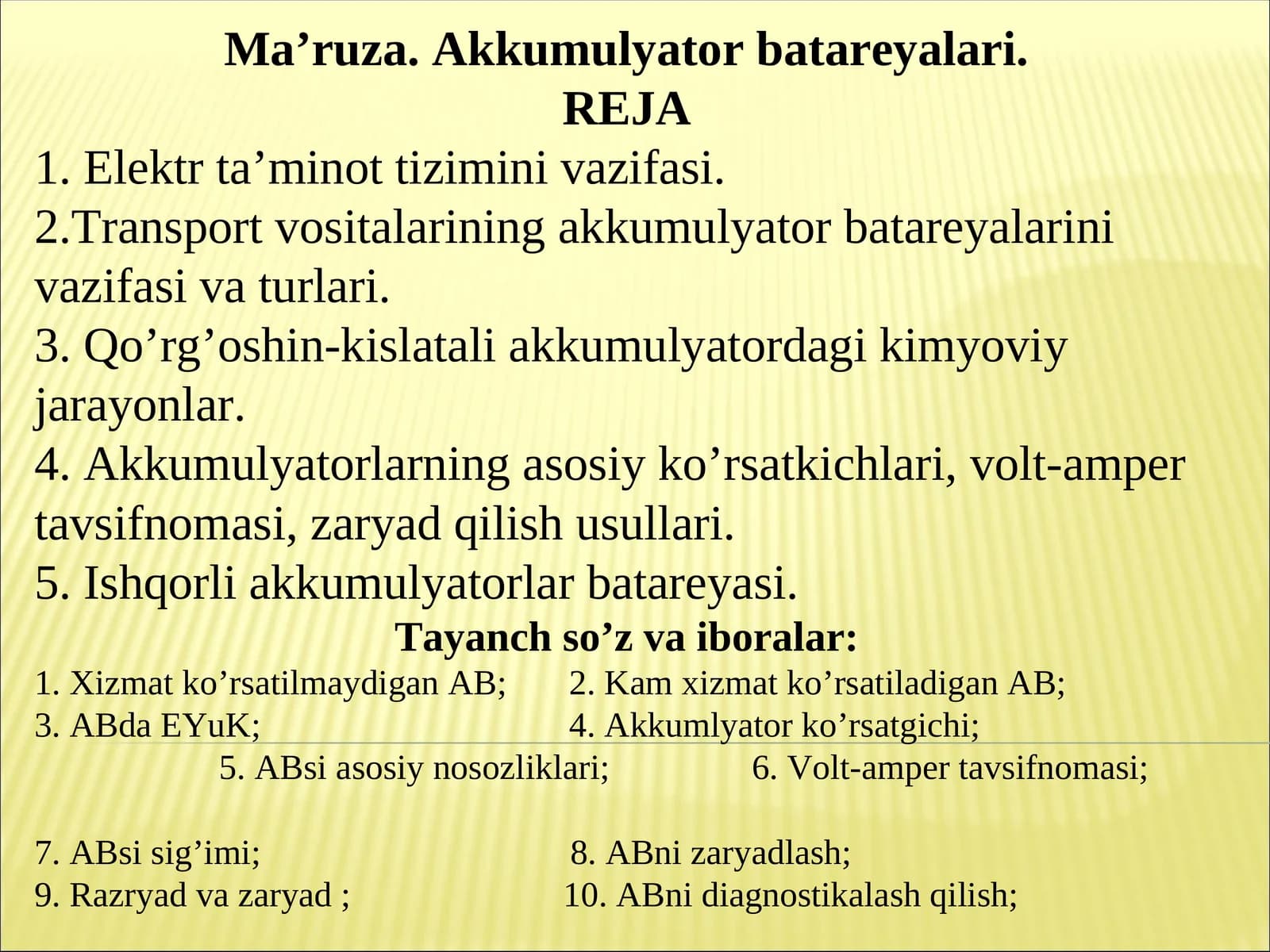 Ma’ruza. Akkumulyator batareyalari