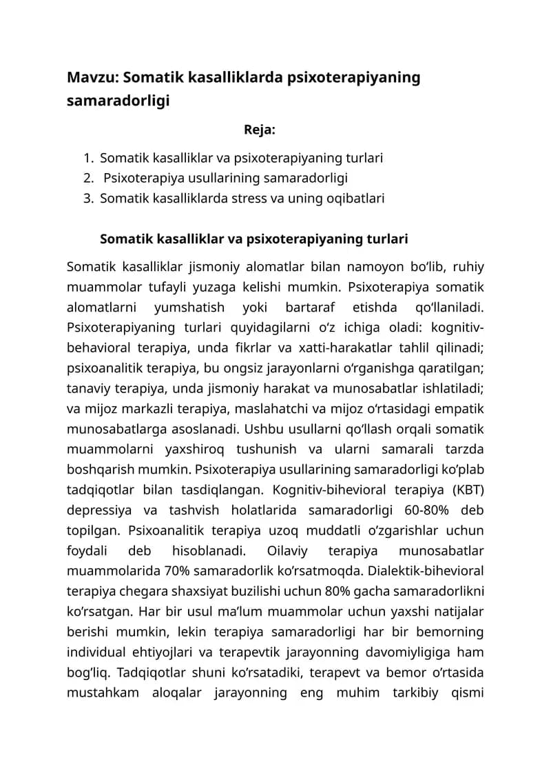 Somatik kasalliklarda psixoterapiyaning samaradorligi