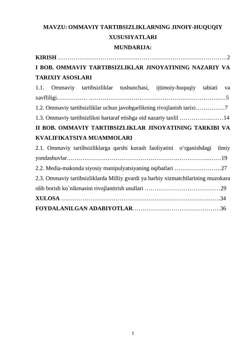 OMMAVIY TARTIBSIZLIKLARNING JINOIY-HUQUQIY XUSUSIYATLARI