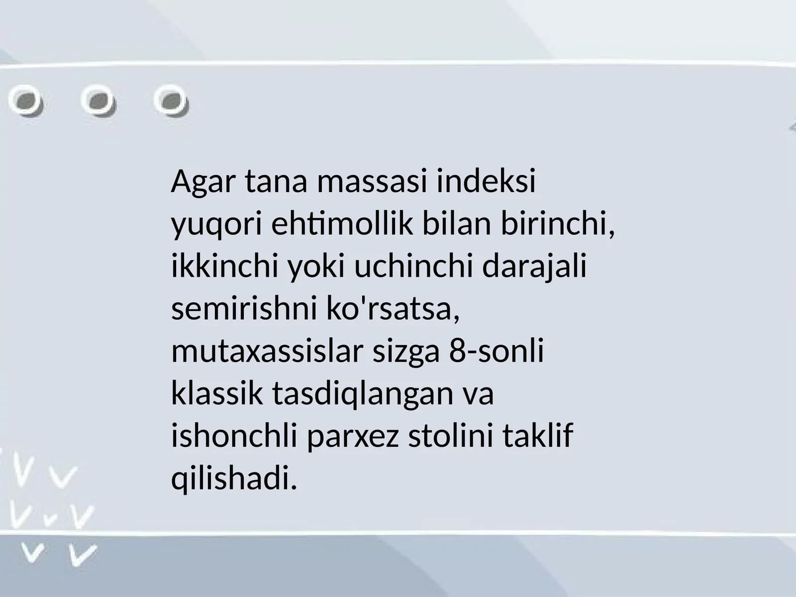 8-sonli klassik tasdiqlangan va ishonchli parxez stoli