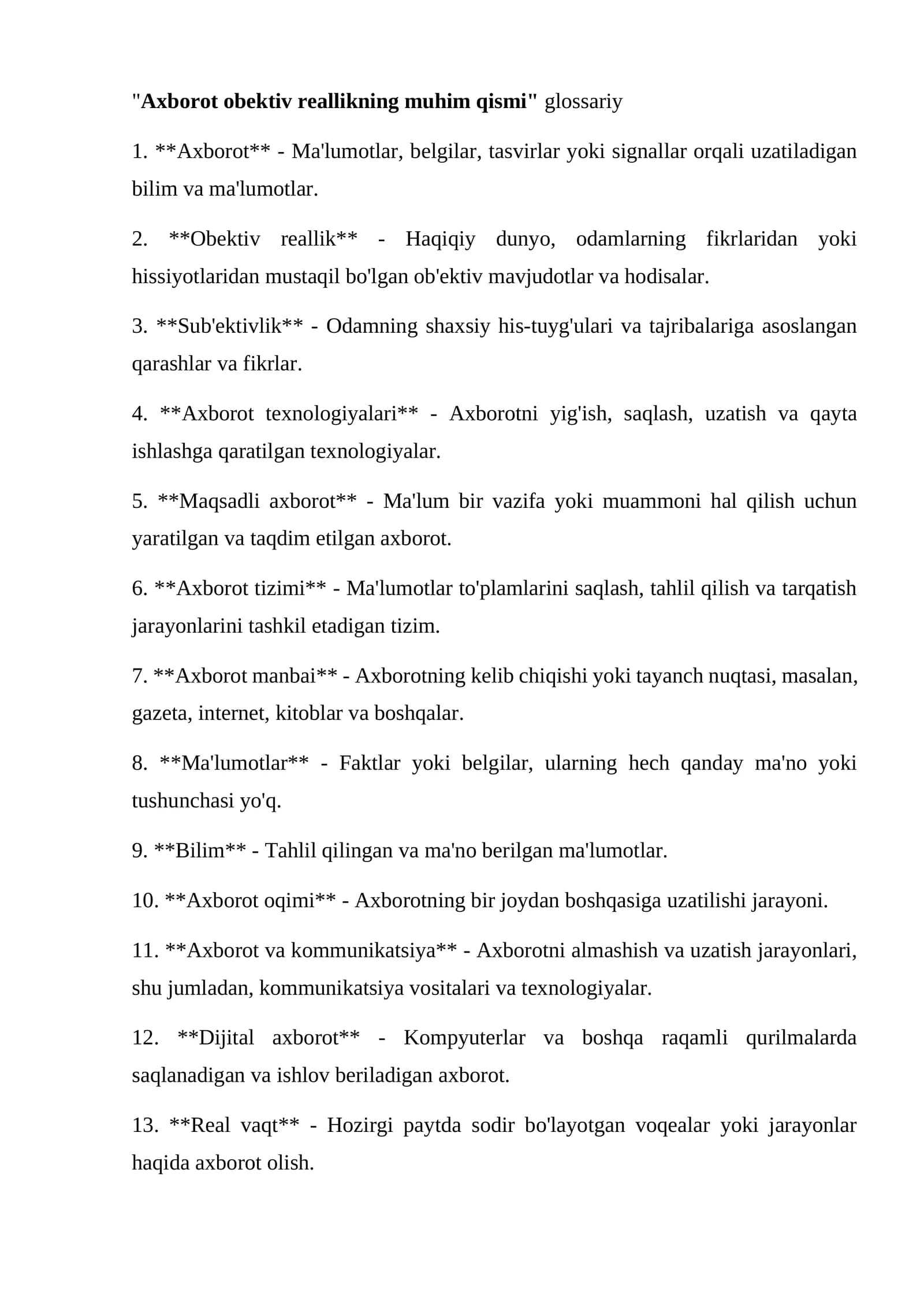 Axborot obektiv reallikning muhim qismi glossariy