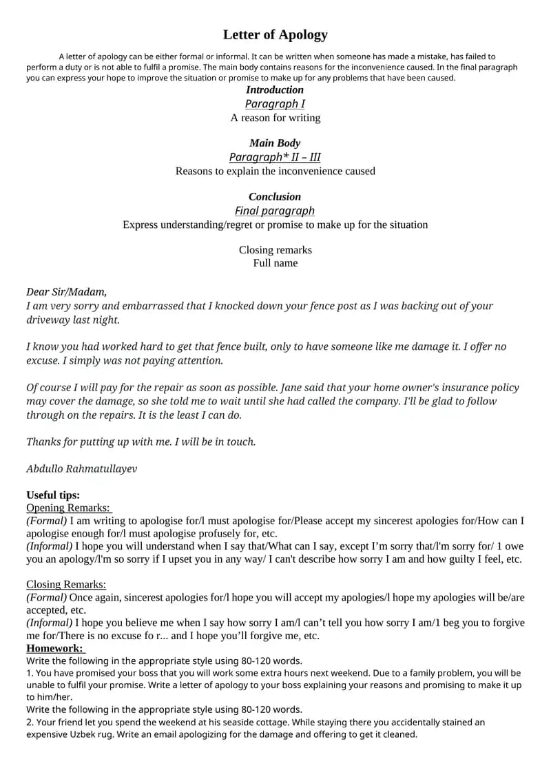 Letter of Apology