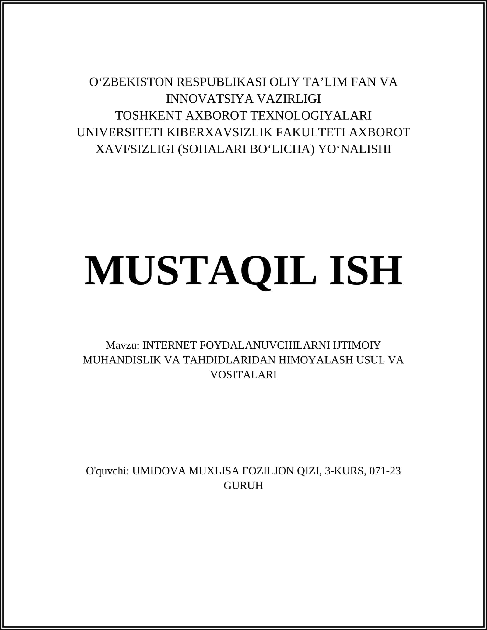 INTERNET FOYDALANUVCHILARNI IJTIMOIY MUHANDISLIK VA TAHDIDLARIDAN HIMLASH
