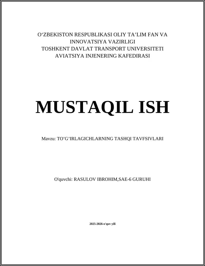 TO’G’IRLAGICHLARNING TASHQI TAVFSIVLARI
