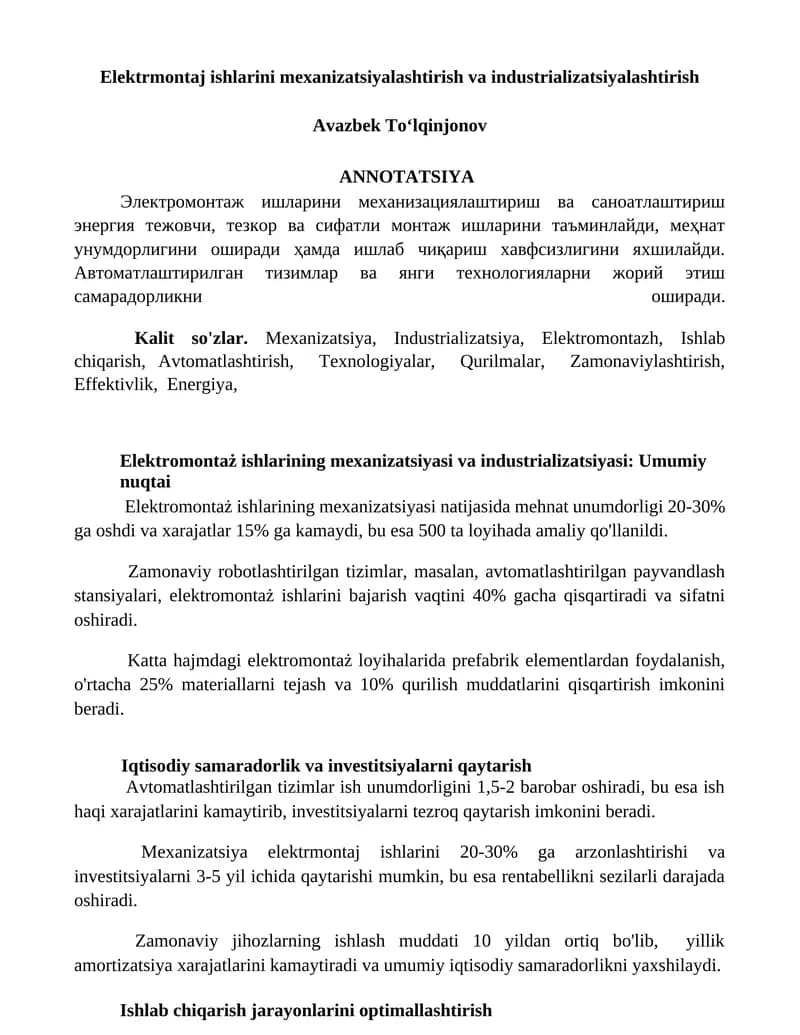 Elektromontazh ishlarini mexanizatsiyalashtirish va industrializatsiyalashtirish