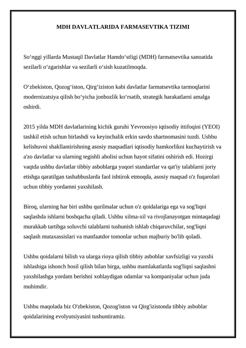 MDH DAVLATLARIDA FARMASEVTIKA TIZIMI