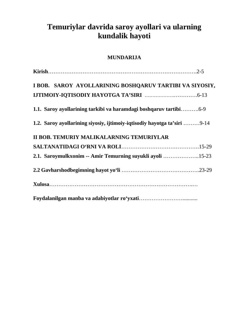 Temuriylar davrida saroy ayollari va ularning kundalik hayoti