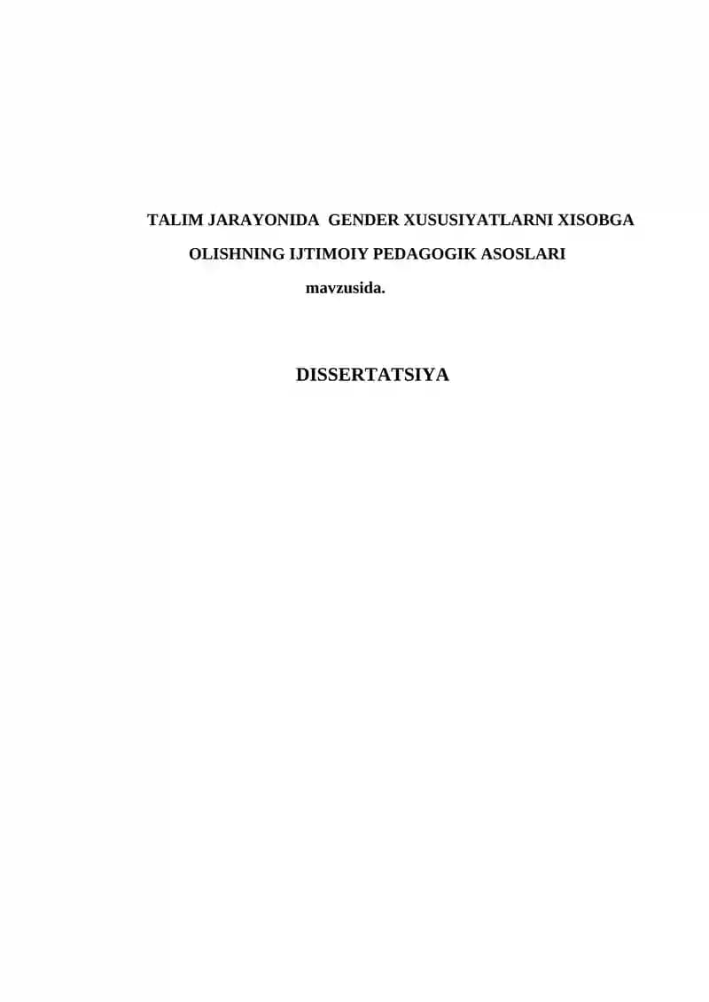 TALIM JARAYONIDA  GENDER XUSUSIYATLARNI XISOBGA OLISHNING IJTIMOIY PEDAGOGIK ASOSLARI