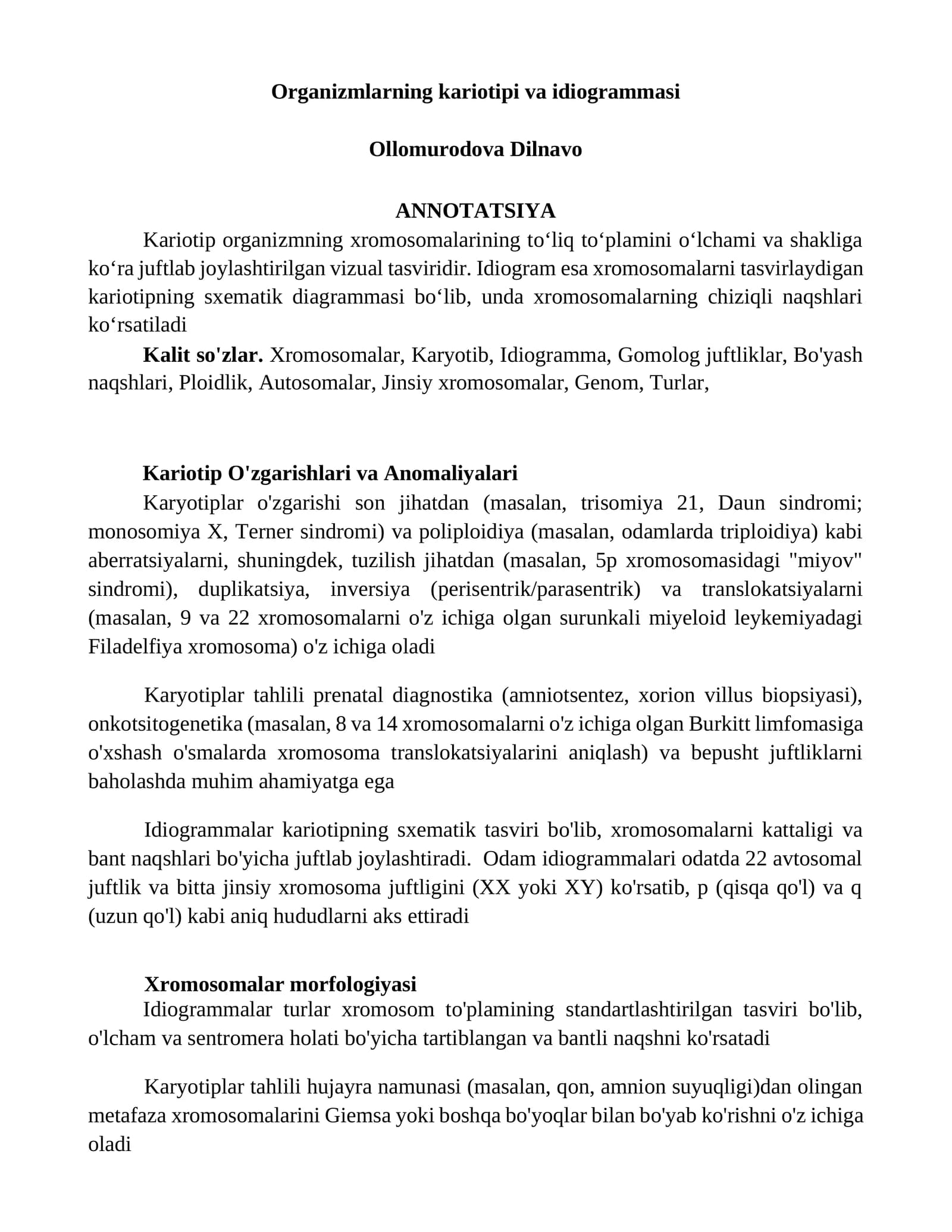Organizmlarning kariotipi va idiogrammasi