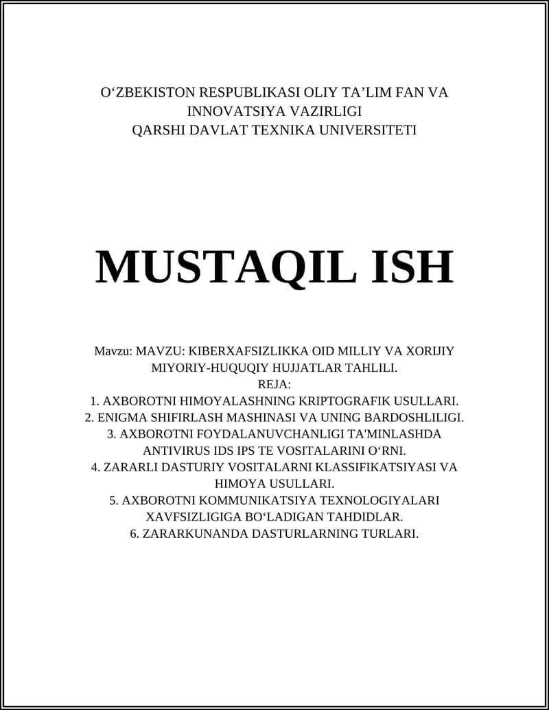KIBERXAFSIZLIKKA OID MILLIY VA XORIJIY MIYORIY-HUQUQIY HUJJATLAR TAHLILI