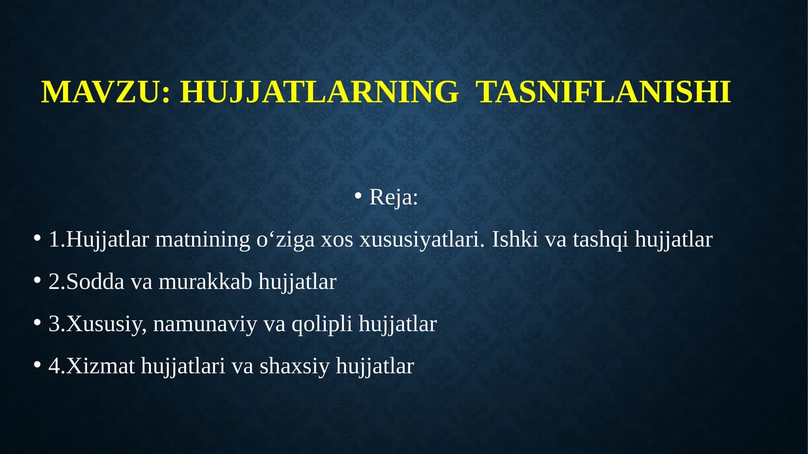Hujjatlarning tasniflanishi mavzusidagi ajoyib prezentatsiya