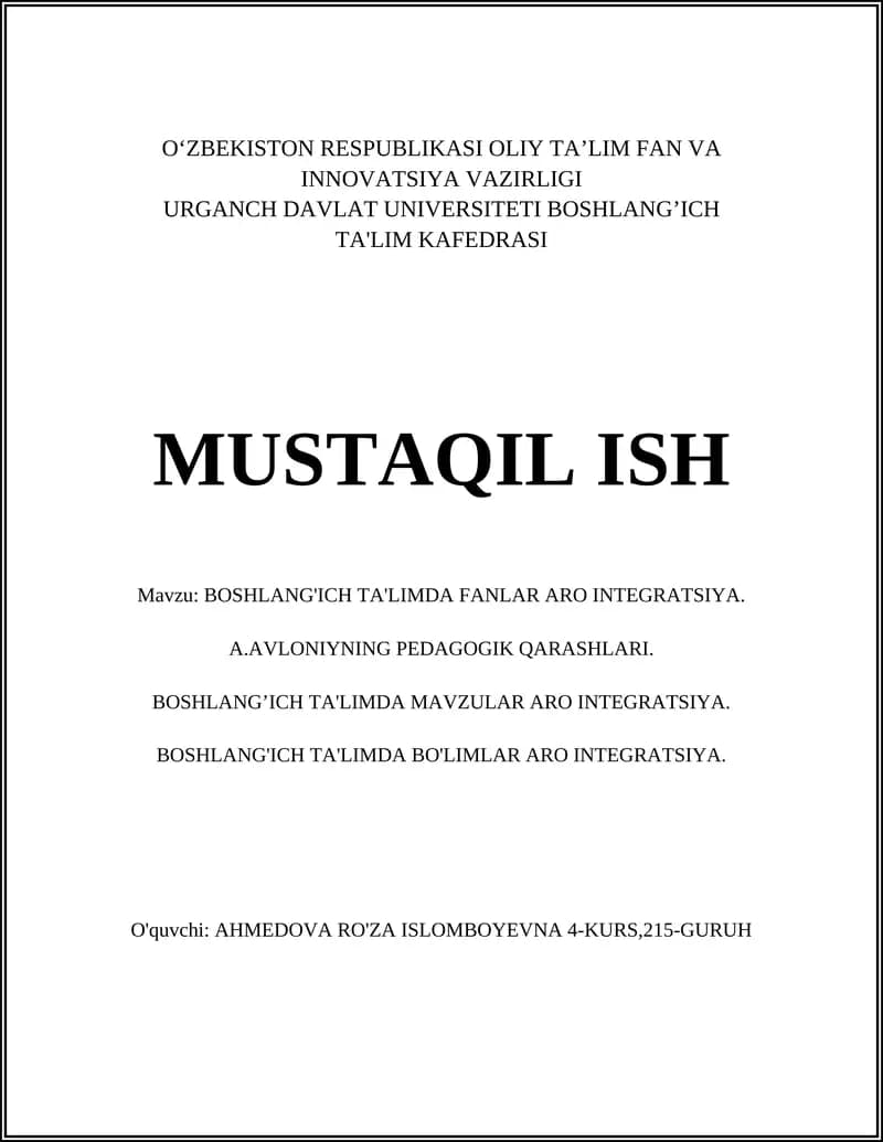 BOSHLANG'ICH TA'LIMDA FANLAR ARO INTEGRATSIYA
