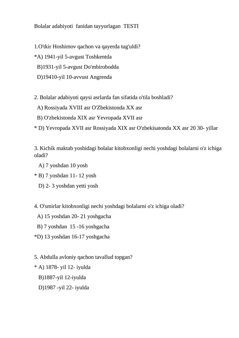Bolalar adabiyoti  fanidan tayyorlagan  TESTI