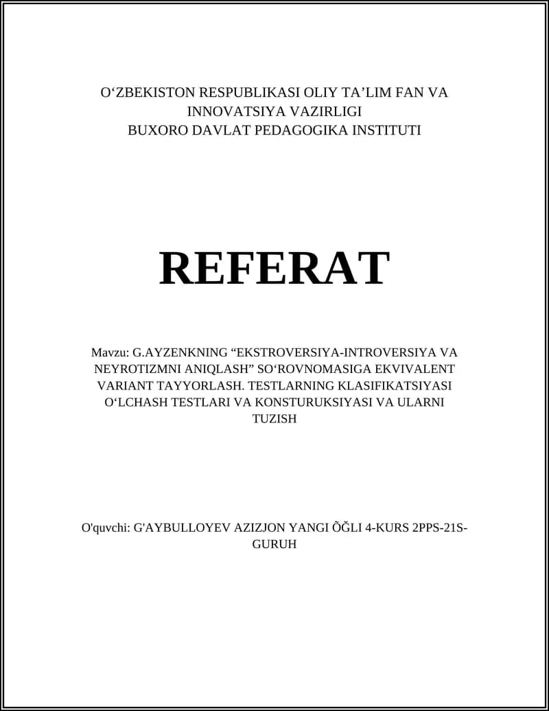 G.AYZENKNING “EKSTROVERSIYA-INTROVERSIYA VA NEYROTIZMNI ANIQLASH” SO‘ROVNOMASI