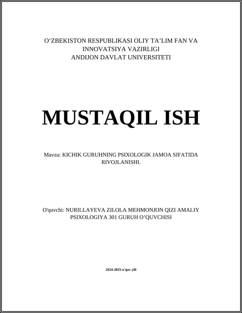 KICHIK GURUHNING PSIXOLOGIK JAMOA SIFATIDA RIVOJLANISHI