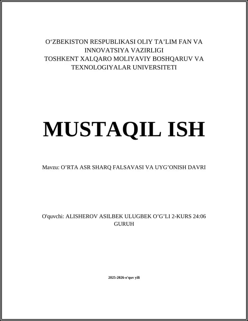 O’RTA ASR SHARQ FALSAVASI VA UYG’ONISH DAVRI