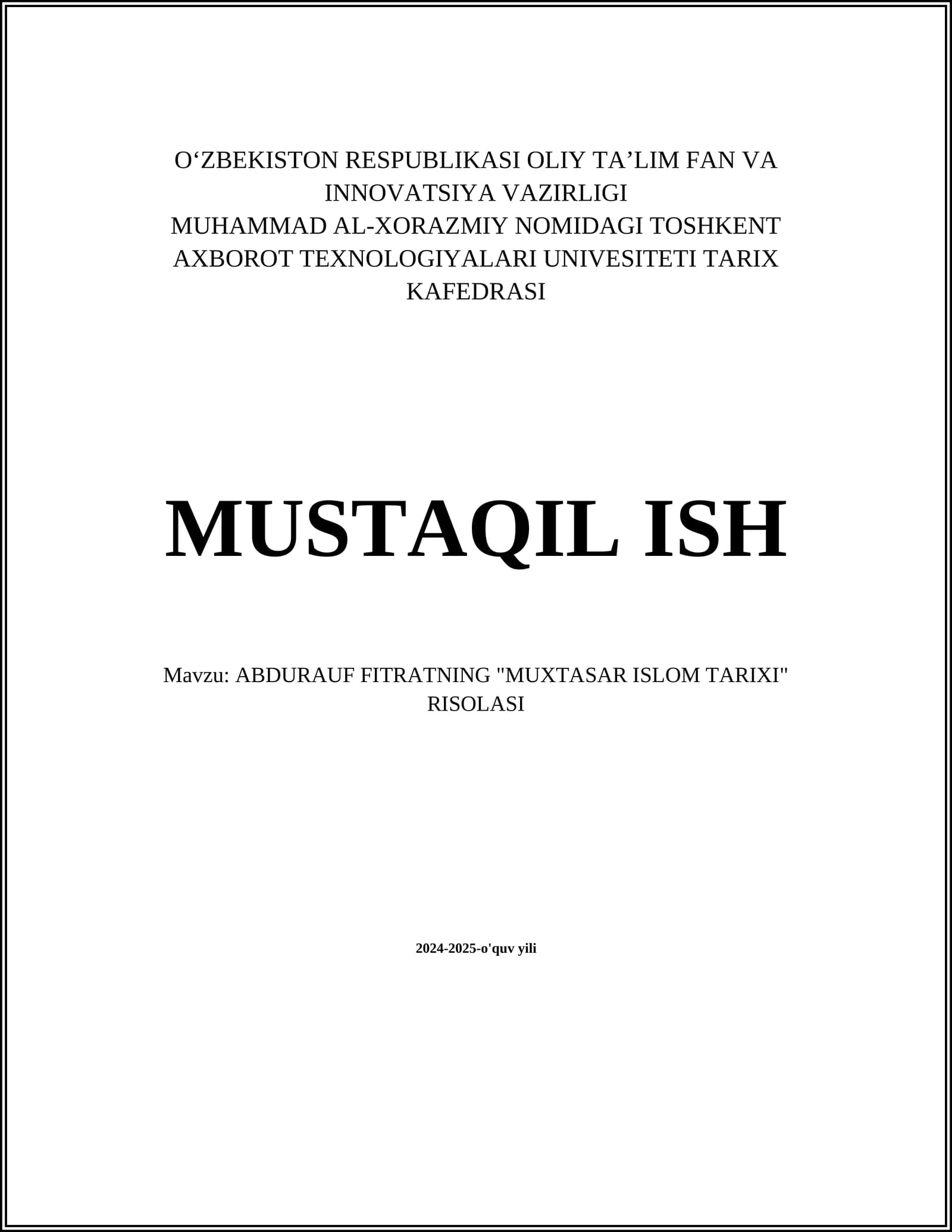 ABDURAUF FITRATNING "MUXTASAR ISLOM TARIXI" RISOLASI