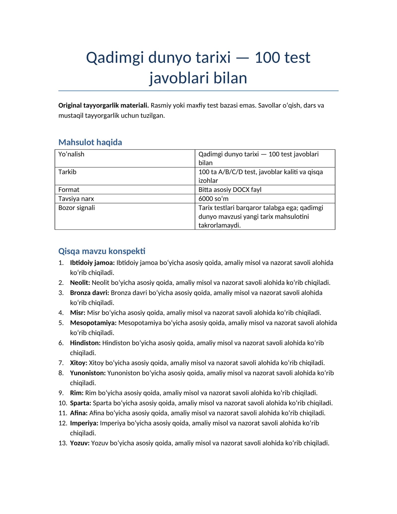 Qadimgi dunyo tarixi — 100 test javoblari bilan