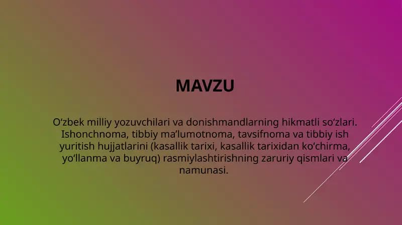 Oʻzbek milliy yozuvchilari va donishmandlarning hikmatli soʻzlari. Ishonchnoma, tibbiy ma’lumotnoma, tavsifnoma va tibbiy ish yuritish hujjatlarini (kasallik tarixi, kasallik tarixidan koʻchirma, yoʻllanma va buyruq) rasmiylashtirishning zaruriy qismlari va namunasi.